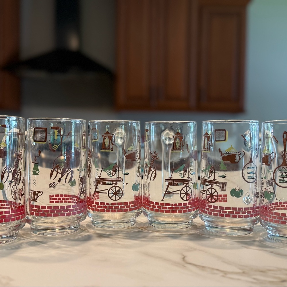 Vintage Hazel Atlas Americana BBQ Glass Mug Set (6)